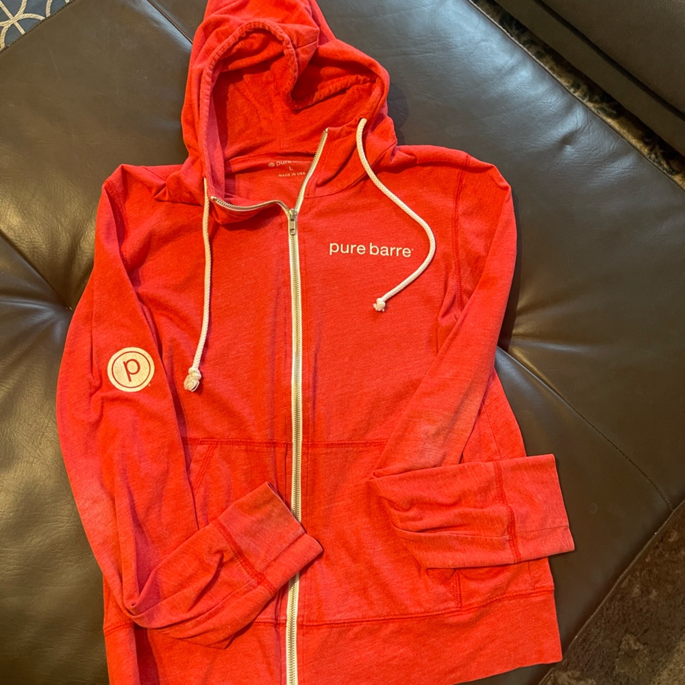 Red Pure Barre hooded zip up, L